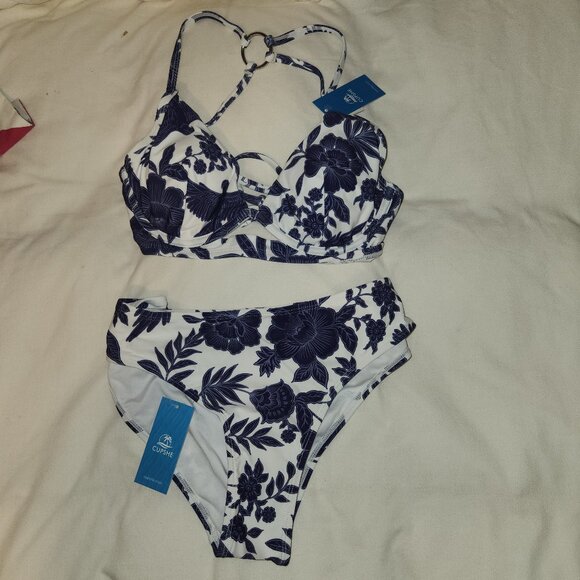 CUPSHE Two Piece Bikini Set Plunging Neck Blue White Pattern Size Medium NWT - Picture 7 of 11